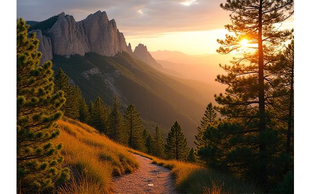 Boulder Flatirons at sunrise, with a hiking trail in the foreground