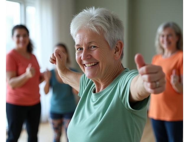 Adults 35+ participating in a gentle fitness class with weights at a modern Boulder gym.