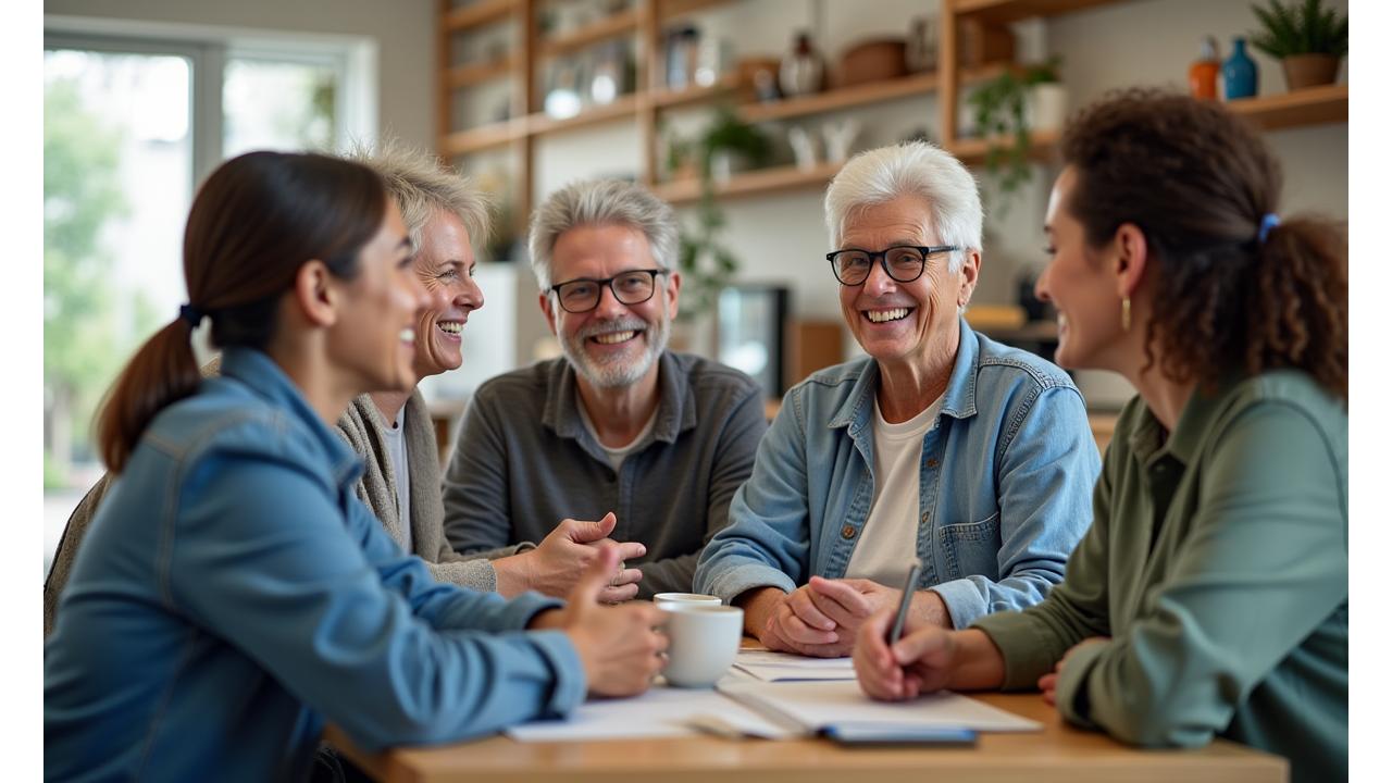 Diverse group of adults interacting positively in a health and wellness forum, smiling and engaged.