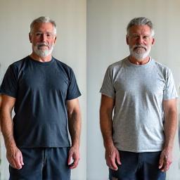 Before and after photo of Robert K., showing improved posture and strength