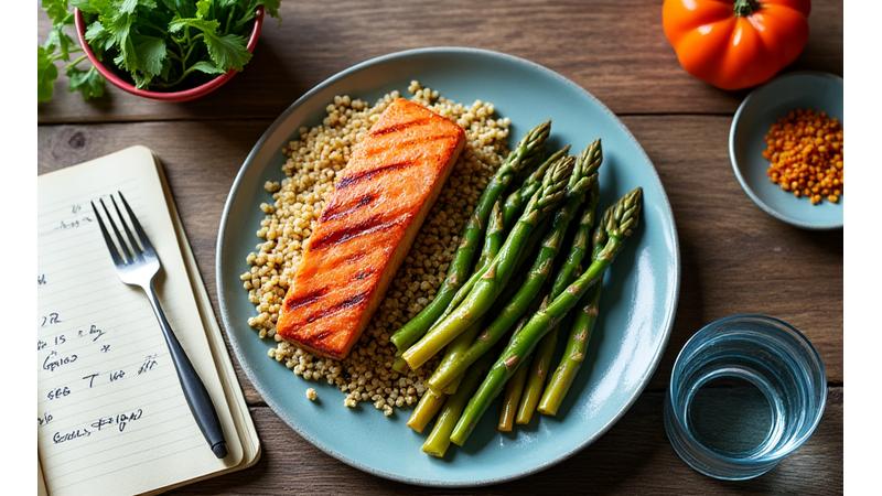 A balanced plate of vibrant, healthy food – grilled salmon, quinoa, and roasted asparagus – with a notebook and pen nearby, suggesting mindful eating and planning.