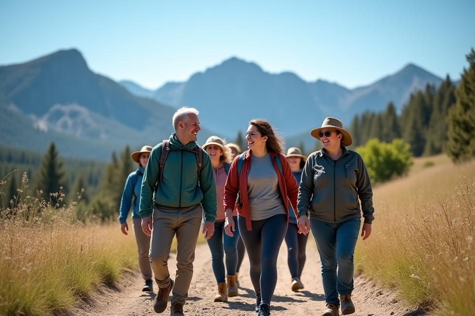 A diverse group of adults aged 35-60 smiling and walking together on a scenic trail in Boulder, Colorado, with the Flatirons in the background, conveying friendship and outdoor activity.