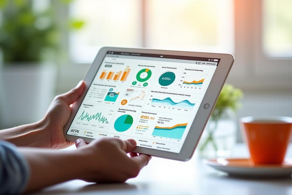 A clean, modern dashboard interface on a tablet displaying health metrics like sleep quality, heart rate, activity levels, and personalized wellness recommendations with vibrant charts and graphs.