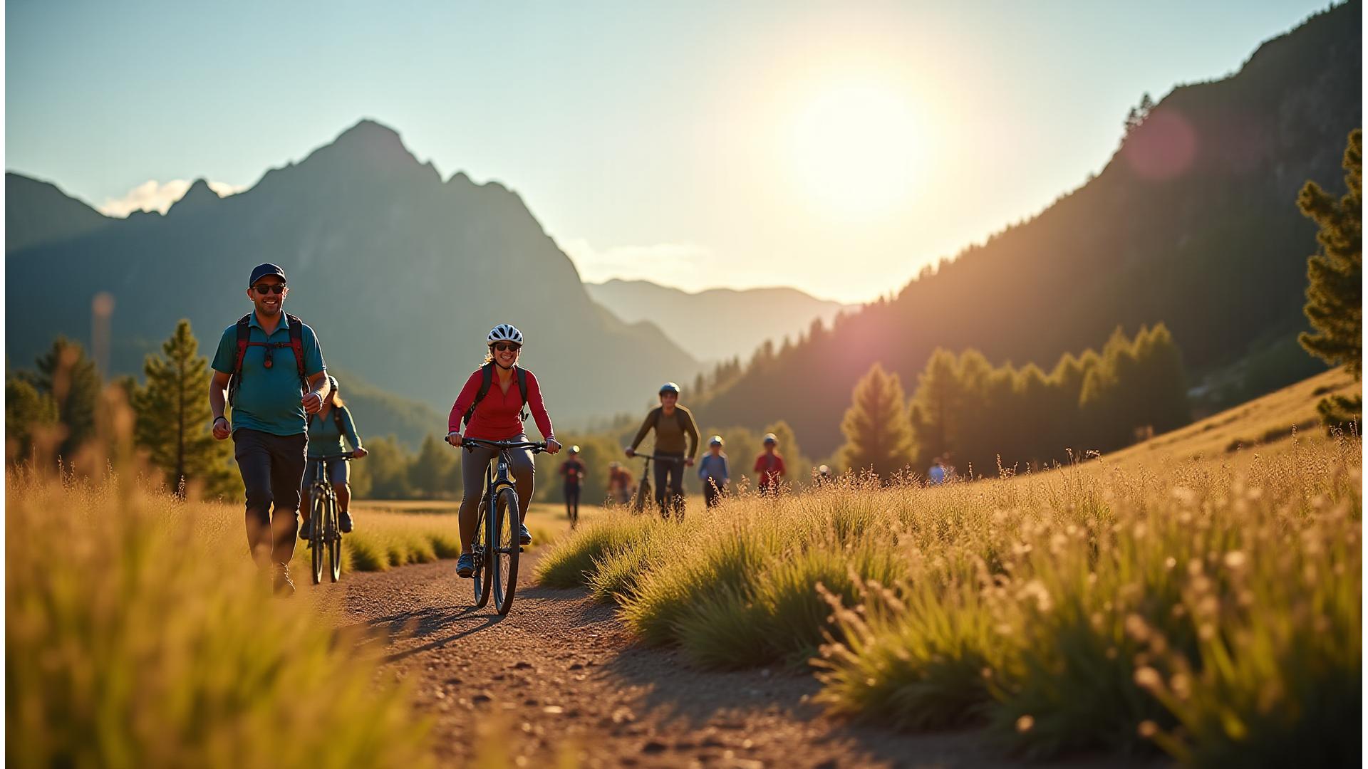 Diverse adults aged 35-60 enjoying healthy outdoor activities in Boulder, Colorado – hiking, cycling, doing yoga in a sunlit park. The Flatirons are visible in the background, conveying vitality and community.