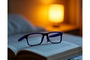 Stylish blue light blocking glasses resting on an open book, next to a dimmed lamp, suggesting evening relaxation and eye protection.