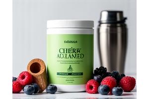 A container of high-quality protein powder with a scoop, surrounded by fresh berries and a shaker bottle, emphasizing active nutrition.
