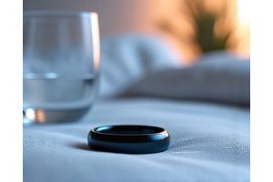 A sleek, minimalist smart ring sleep tracker on a bedside table next to a glass of water, highlighting technology for improved rest.