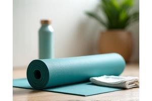 A rolled-up eco-friendly yoga mat with a water bottle and small towel, ready for a mindfulness session.
