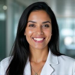 Dr. Amelia Khan, a South Asian woman in her late 40s, bright and professional, smiling confidently.