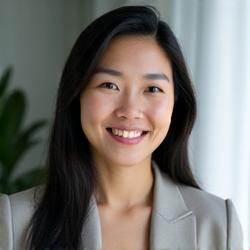 Sara Cho, an East Asian woman in her mid-30s, serene and empathetic, with a calming presence.
