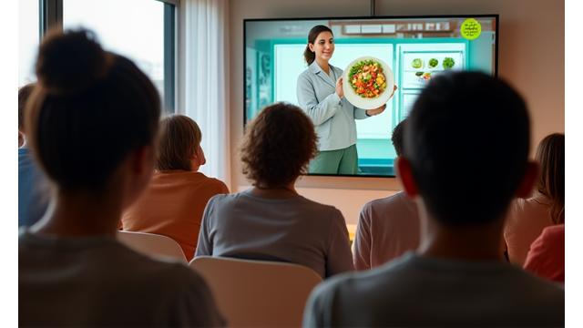 A diverse group of adults intently listening to a nutritionist presenting healthy food options on a screen, in a clean, modern virtual workshop setting.