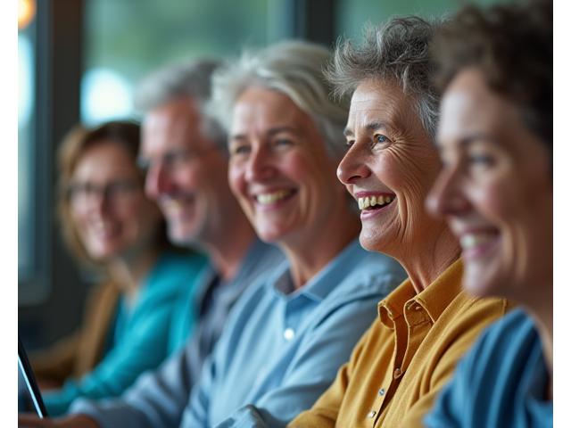 Diverse group of adults in a supportive online community, digitally connected