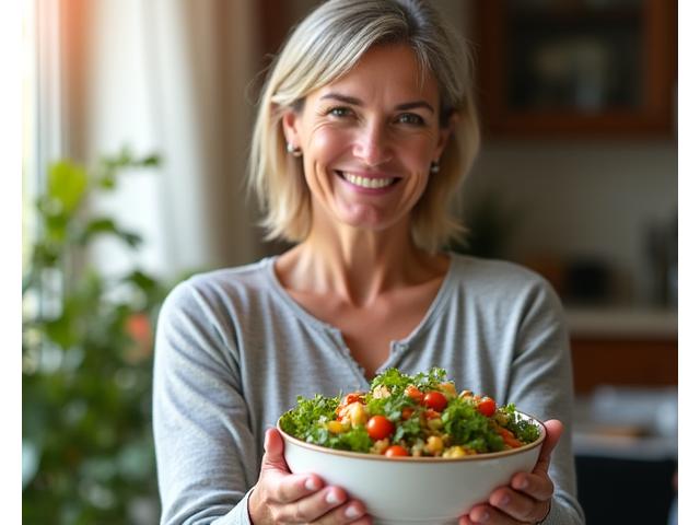 Woman thoughtfully choosing healthy foods, representing mindful eating for metabolic health