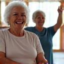 Energetic adults participating in a low-impact fitness class, symbolizing fitness programs for healthy aging.