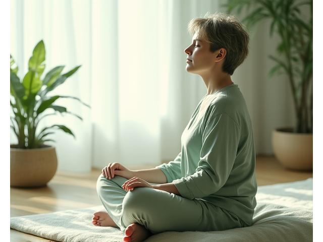Serene individual meditating with calm expression, representing stress reduction and mental clarity.